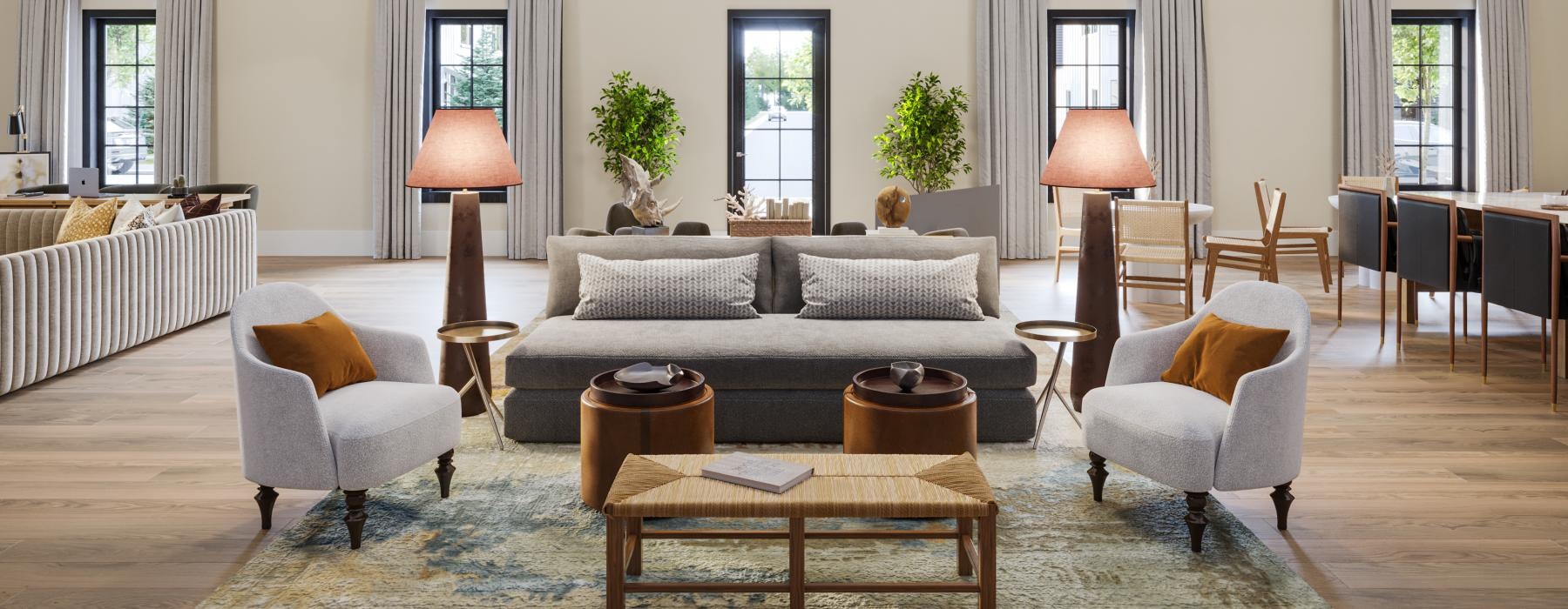 a living room with a chandelier and a couch