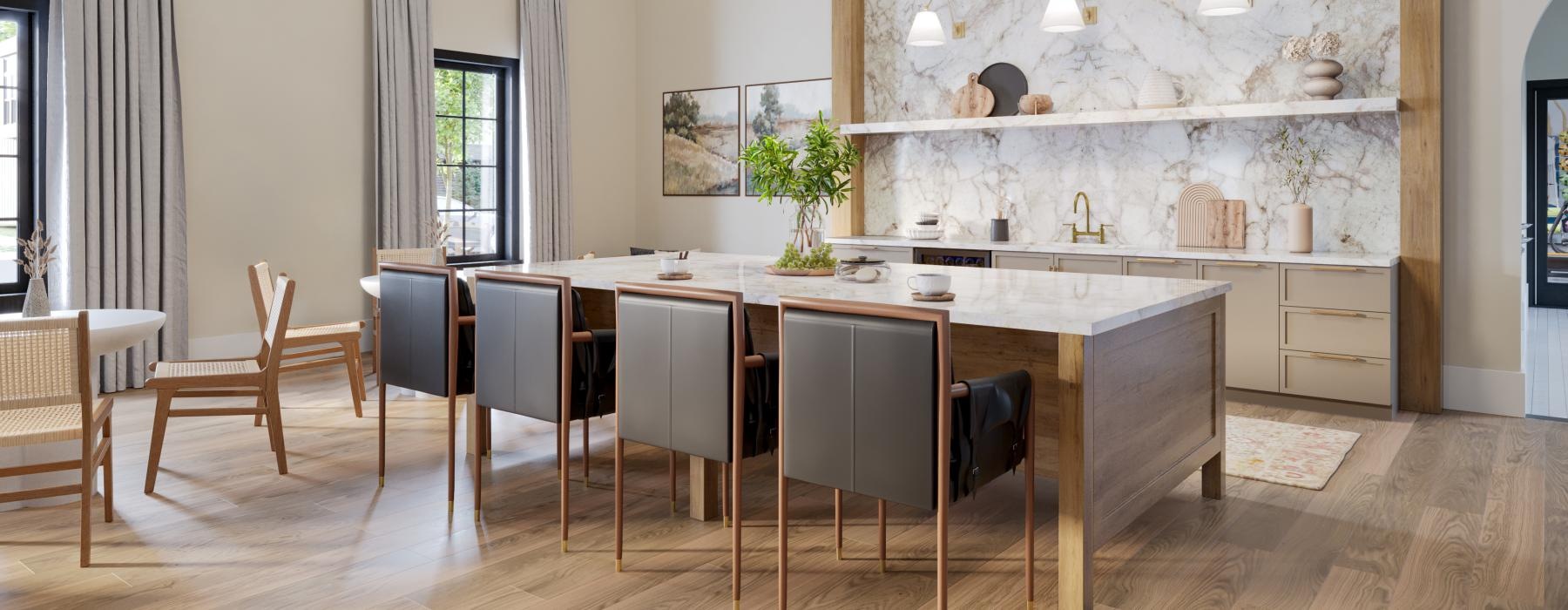 a kitchen with a chandelier